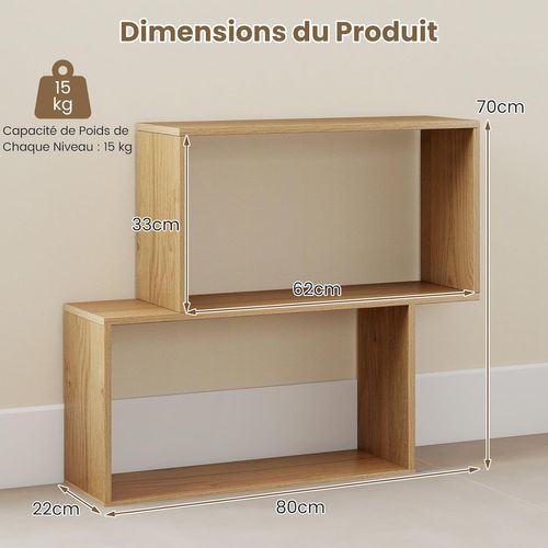 Bibliothèque Géométrique à 3 Niveaux En Bois, 2 Compartiments Cubiques (naturel)