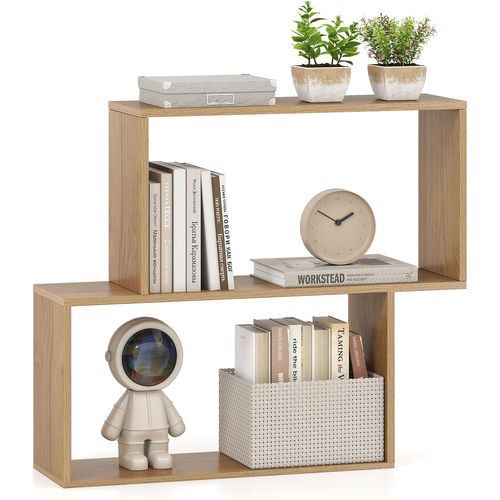 Bibliothèque Géométrique à 3 Niveaux En Bois, 2 Compartiments Cubiques (naturel)