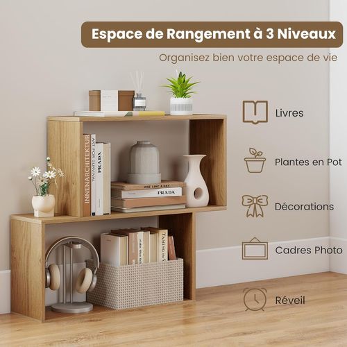 Bibliothèque Géométrique à 3 Niveaux En Bois, 2 Compartiments Cubiques (naturel)