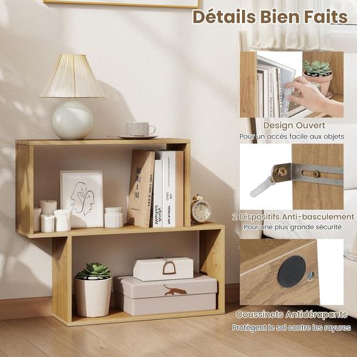 Bibliothèque Géométrique à 3 Niveaux En Bois, 2 Compartiments Cubiques (naturel)