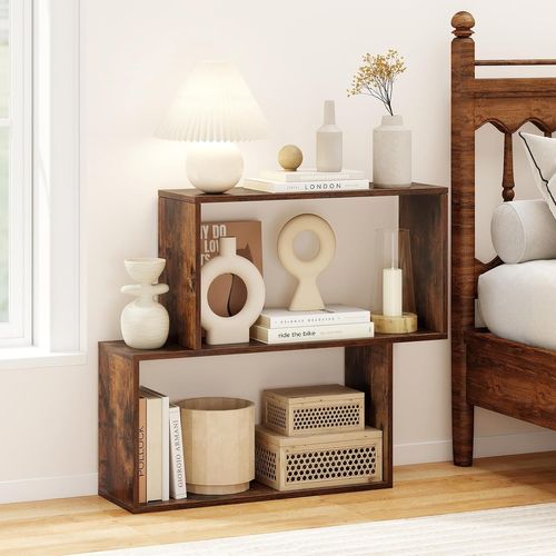 Bibliothèque Géométrique à 3 Niveaux En Bois, 2 Compartiments Cubiques (marron Rustique)