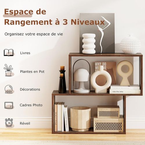 Bibliothèque Géométrique à 3 Niveaux En Bois, 2 Compartiments Cubiques (marron Rustique)