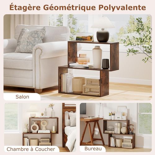 Bibliothèque Géométrique à 3 Niveaux En Bois, 2 Compartiments Cubiques (marron Rustique)