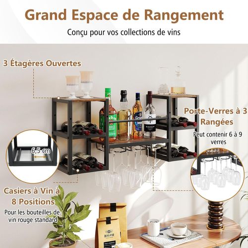 Porte-bouteille Mural Avec 3 Rangées De Porte-verres, Design Industriel, 89 X 25 X 40 Cm