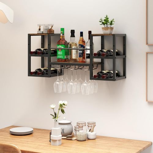 Porte-bouteille Mural Avec 3 Rangées De Porte-verres, Design Industriel, 89 X 25 X 40 Cm