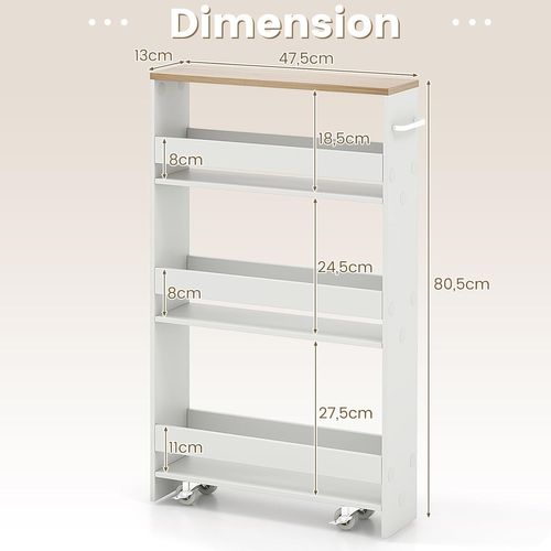 Chariot Rangement Étroit 13cm 4 Niveaux, Roues Freins, 47.5x13x80.5cm ,blanc+naturel