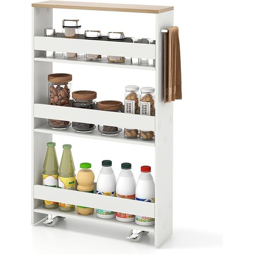Chariot Rangement Étroit 13cm 4 Niveaux, Roues Freins, 47.5x13x80.5cm ,blanc+naturel
