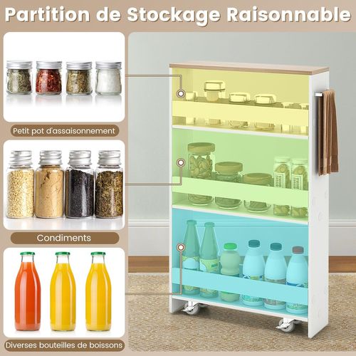 Chariot Rangement Étroit 13cm 4 Niveaux, Roues Freins, 47.5x13x80.5cm ,blanc+naturel