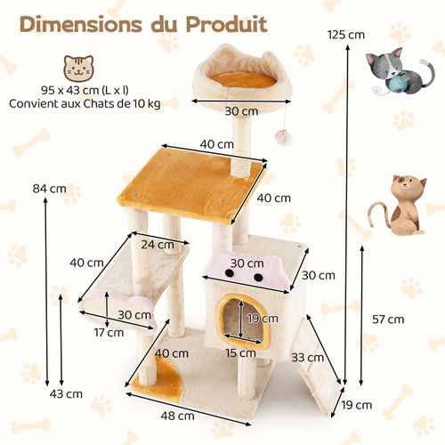 Arbre à Chat XXL Poisson 95x43x125cm, Condo, 4 Plateformes, Sisal, Rampe, 4 Niveaux,beige
