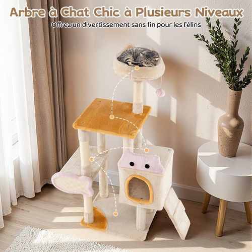 Arbre à Chat XXL Poisson 95x43x125cm, Condo, 4 Plateformes, Sisal, Rampe, 4 Niveaux,beige