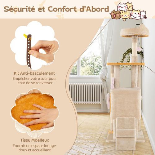 Arbre à Chat XXL Poisson 95x43x125cm, Condo, 4 Plateformes, Sisal, Rampe, 4 Niveaux,beige