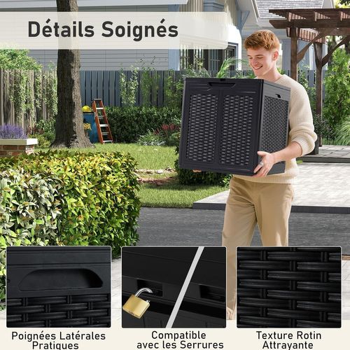 Coffre De Rangement 145 L Avec Poignée Pratique,motifs En Rotin et Couvercle Verrouillable(noir)