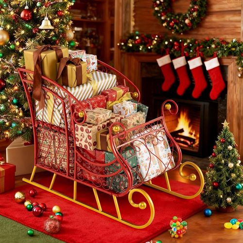 Traîneau De Noël 85x42x61.5cm à 2 Niveaux, Cadre Métal, Décoration Fête ,rouge et Or