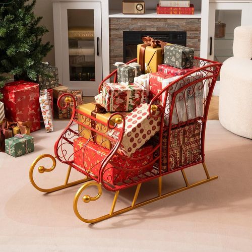 Traîneau De Noël 85x42x61.5cm à 2 Niveaux, Cadre Métal, Décoration Fête ,rouge et Or