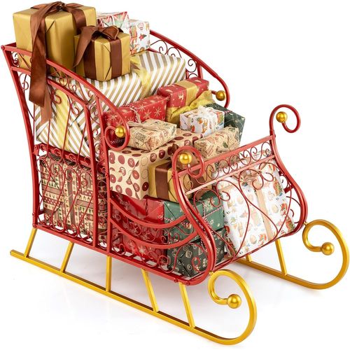 Traîneau De Noël 85x42x61.5cm à 2 Niveaux, Cadre Métal, Décoration Fête ,rouge et Or
