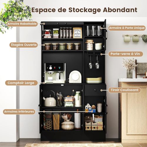 Buffet Cuisineavec Prise, Tiroir,support à Verres,étagères Réglables,90 X 39 X 167cm,noir