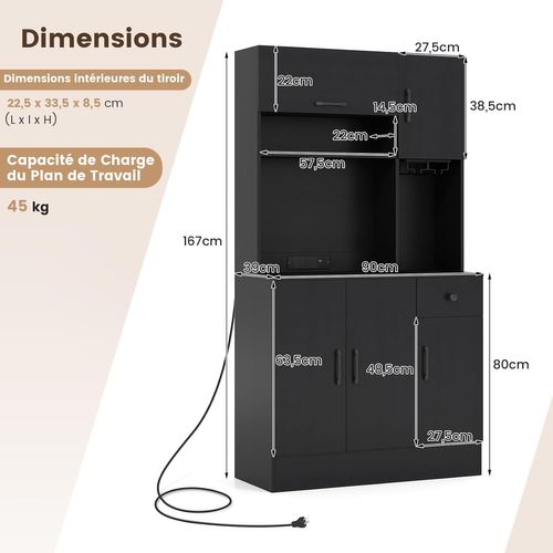 Buffet Cuisineavec Prise, Tiroir,support à Verres,étagères Réglables,90 X 39 X 167cm,noir