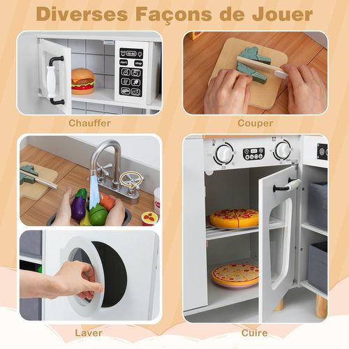 Cuisine Enfant D'angle Avec Lumières et Sons et Cafetière, 2 Bacs En Tissu, Pieds En Bois(blanc)