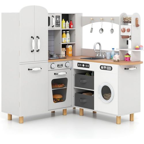 Cuisine Enfant D'angle Avec Lumières et Sons et Cafetière, 2 Bacs En Tissu, Pieds En Bois(blanc)