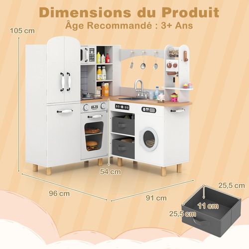 Cuisine Enfant D'angle Avec Lumières et Sons et Cafetière, 2 Bacs En Tissu, Pieds En Bois(blanc)