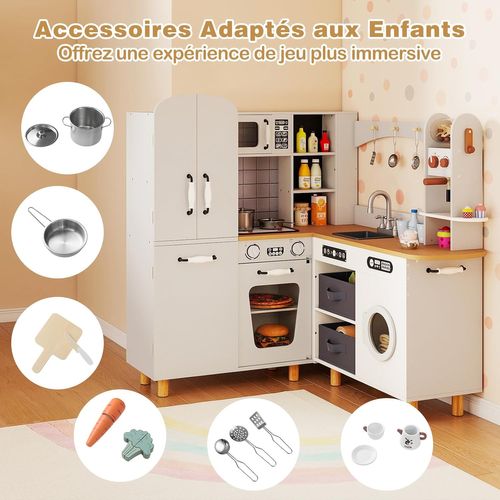 Cuisine Enfant D'angle Avec Lumières et Sons et Cafetière, 2 Bacs En Tissu, Pieds En Bois(blanc)