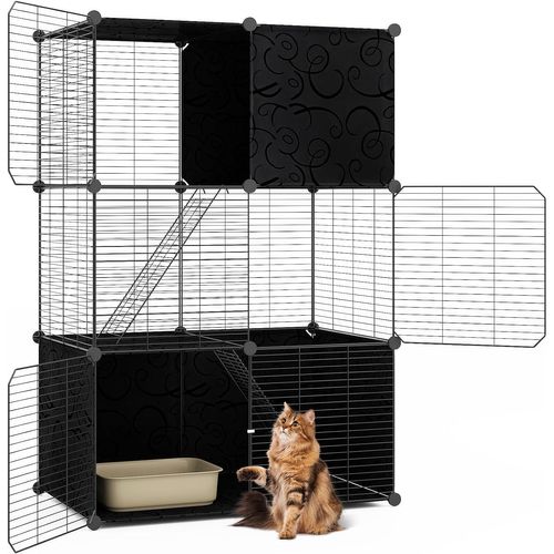 Cage Chat 3 Niveaux 110cm, 3 Portes 2 Rampes, Fil Métallique,74 X 47 X 110cm, Noir