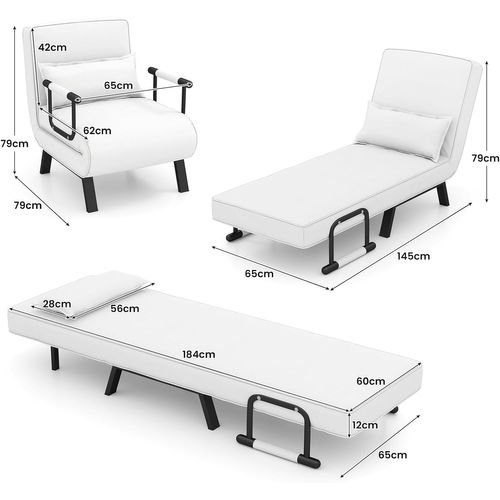 Fauteuil Convertible 4-en-1, Dossier 6 Positions, Siège Rembourré, Cadre Métal,blanc