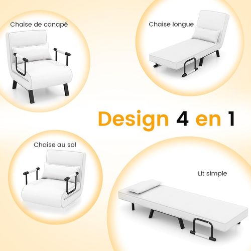 Fauteuil Convertible 4-en-1, Dossier 6 Positions, Siège Rembourré, Cadre Métal,blanc