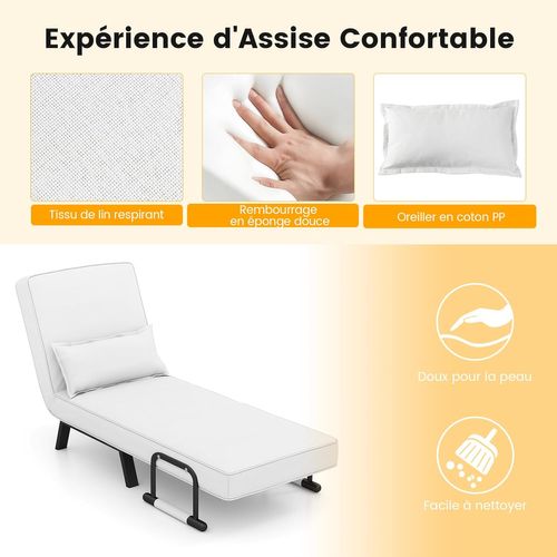 Fauteuil Convertible 4-en-1, Dossier 6 Positions, Siège Rembourré, Cadre Métal,blanc