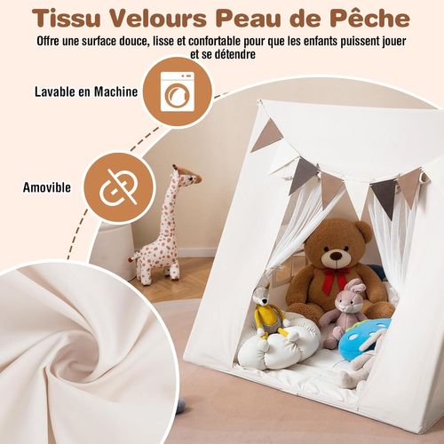 Tente De Jeux Enfant Avec Drapeaux et Tapis, Intérieure Triangle Avec Fenêtres et Tissu Lavable