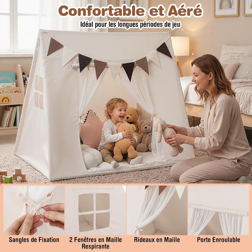 Tente De Jeux Enfant Avec Drapeaux et Tapis, Intérieure Triangle Avec Fenêtres et Tissu Lavable