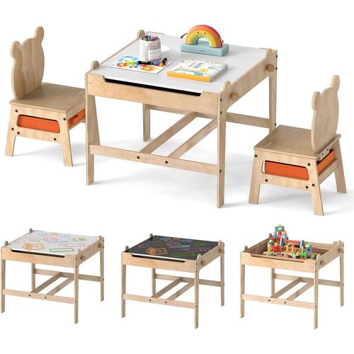 4 En 1 Table Enfant Avec 2 Chaises, Tableau Blanc et Tableau Noir Réversible, 2 Tiroirs (panda)