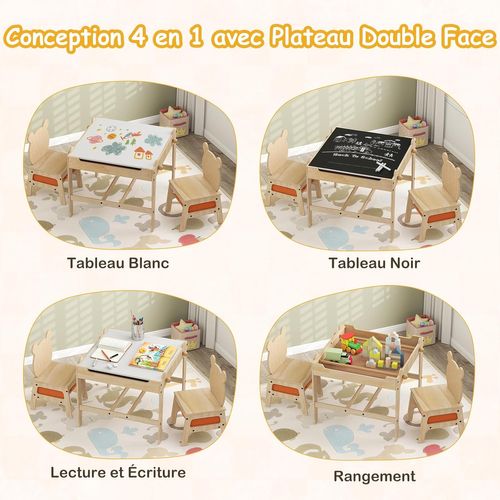 4 En 1 Table Enfant Avec 2 Chaises, Tableau Blanc et Tableau Noir Réversible, 2 Tiroirs (panda)