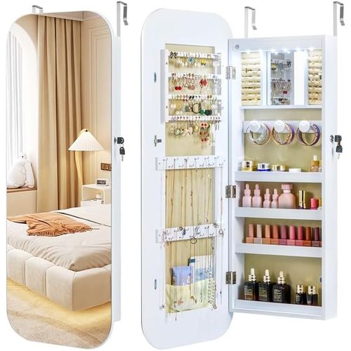 Armoire à Bijoux Murale Avec Miroir, 6 LEDs, Organiseur Verrouillable, 42x10x107.5cm, Blanc