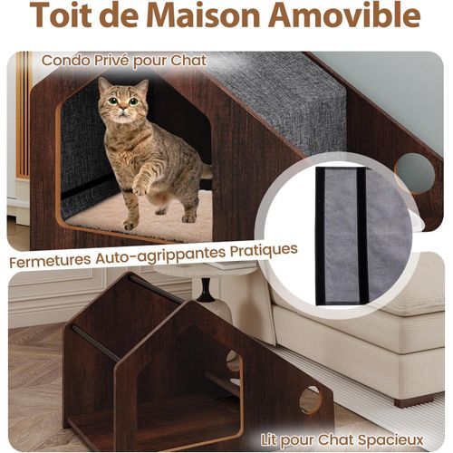 Niche Chat Bois Avec Station Alimentation, 2 Bols Céramique, Charge 30kg,60x40x40cm,marron