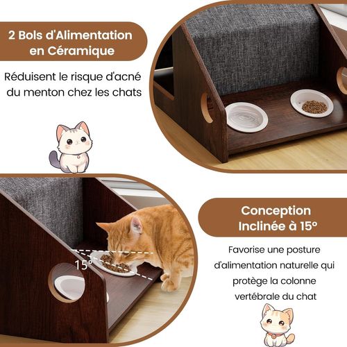 Niche Chat Bois Avec Station Alimentation, 2 Bols Céramique, Charge 30kg,60x40x40cm,marron