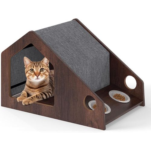 Niche Chat Bois Avec Station Alimentation, 2 Bols Céramique, Charge 30kg,60x40x40cm,marron