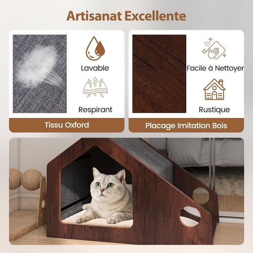 Niche Chat Bois Avec Station Alimentation, 2 Bols Céramique, Charge 30kg,60x40x40cm,marron
