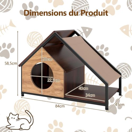 Niche Chat Bois Avec Porche, Toit Amovible,2 Entrées, Patins Réglables,84x43x58.5cm,marron