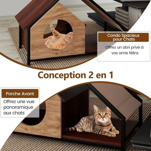 Niche Chat Bois Avec Porche, Toit Amovible,2 Entrées, Patins Réglables,84x43x58.5cm,marron