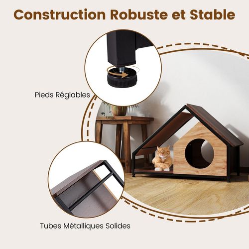 Niche Chat Bois Avec Porche, Toit Amovible,2 Entrées, Patins Réglables,84x43x58.5cm,marron