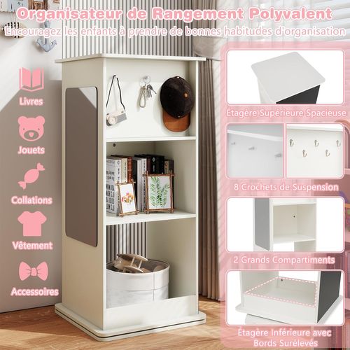 Bibliothèque Enfant Rotative à 360°à 3 Niveaux Avec Miroir Et Tableau Noir, 8 Crochets