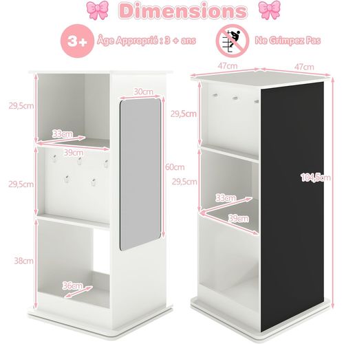 Bibliothèque Enfant Rotative à 360°à 3 Niveaux Avec Miroir Et Tableau Noir, 8 Crochets