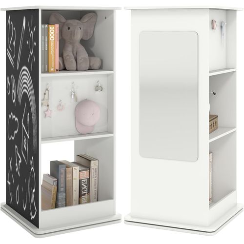 Bibliothèque Enfant Rotative à 360°à 3 Niveaux Avec Miroir Et Tableau Noir, 8 Crochets