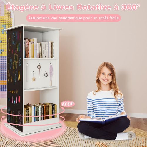 Bibliothèque Enfant Rotative à 360°à 3 Niveaux Avec Miroir Et Tableau Noir, 8 Crochets
