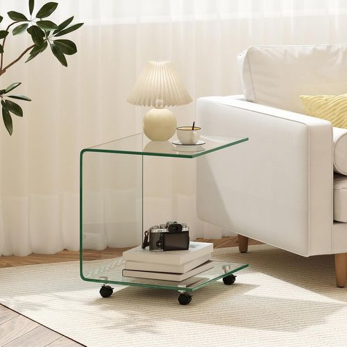 Table Basse Verre Transparent 45x45x41cm, Bords Arrondis, Sans Assemblage, Avec Roulettes