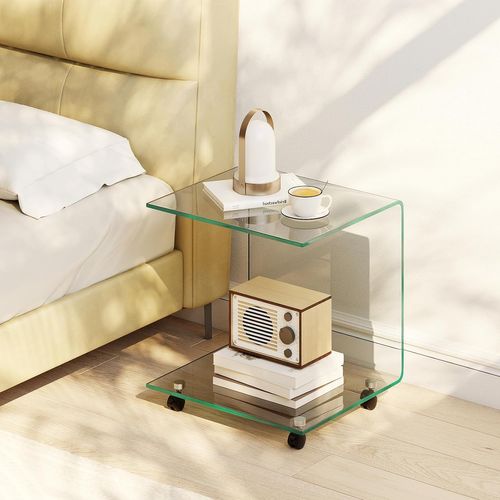 Table Basse Verre Transparent 45x45x41cm, Bords Arrondis, Sans Assemblage, Avec Roulettes