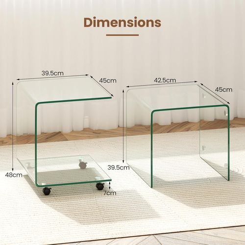 Table Basse Verre Transparent 45x45x41cm, Bords Arrondis, Sans Assemblage, Avec Roulettes