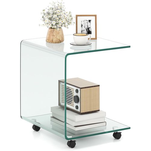 Table Basse Verre Transparent 45x45x41cm, Bords Arrondis, Sans Assemblage, Avec Roulettes