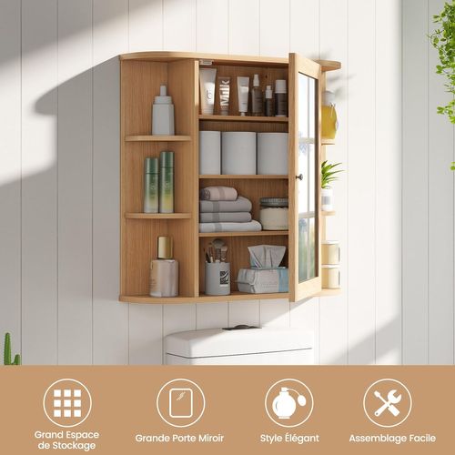 Armoire Murale Salle De Bains Avec Miroir,étagères Réglables,66 X 16.5 X 62 Cm,naturel